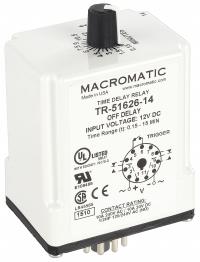 MACROMATIC Single Function Time Delay Relay: Socket Mounted, 12V DC, 10 A, 11 Pins/Terminals (MPN TR-51626-14). Key specifications — Brand: MACROMATIC.