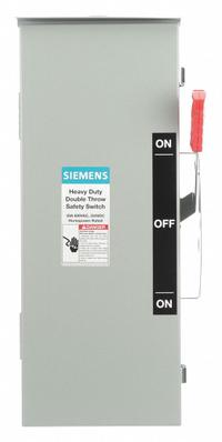 SIEMENS Safety Switch: Non-Fusible, 30 A, Three Phase, 240V AC, Galvanized Steel, Indoor/Outdoor (MPN DTNF361R). Key specifications — attr867131: SIEMENS.