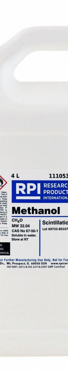 RPI Methanol (Scintillation Grade): Scintillation, 4 L Volume, 67-56-1, Liquid (MPN 111053). Key specifications — attr1082023: RPI; attr1096259: 67-56-1; attr1096263: Lab; attr1096278: Liquid.