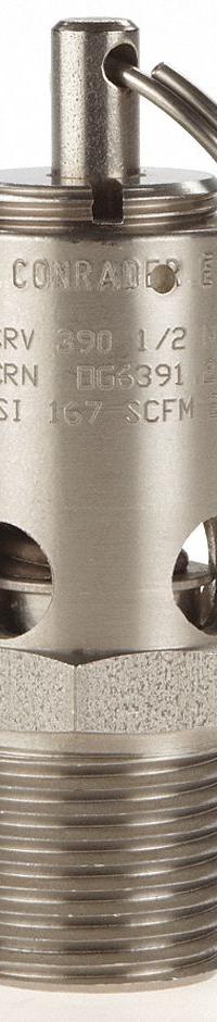CONRADER Safety Valve: Soft Seat, 1/2 in (M)NPT Inlet (In.), 175 psi Preset Setting (PSI), Viton (MPN SRV390-1/2-V-SS-175). Key specifications — attr291993: Soft Seat; attr291998: Stainless Steel; attr292007: Viton; attr292009: Stainless Steel; attr294753: CONRADER.