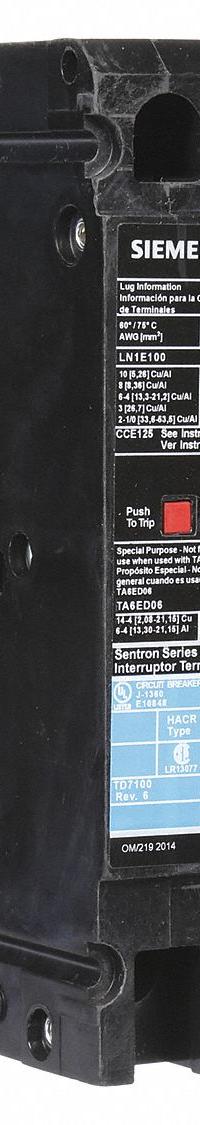 SIEMENS Molded Case Circuit Breaker: 70 A Amps, 10kA at 240V AC, Fixed, Load Side Lug, Any, ED2 (MPN ED22B070). Key specifications — Phase Connection: Any; Instantaneous Trip: Fixed; Terminal Connection: Load Side Lug; Series: ED2; Max. AIR Rating: 10kA at 240V AC.