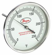 DWYER Glow-in-the-Dark Dial Thermometer: 0°F to 250°F, +/- 1% Accuracy, 5 in Dial Dia, Male (MPN GBTA59051). Key specifications — attr1275048: +/- 1%; attr1275052: DWYER.