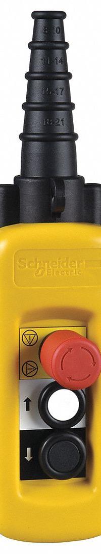 SCHNEIDER ELECTRIC Pendant Control Station: (2) Push Buttons/Emergency Stop, 1NO/1NC, NEMA 1/4/4X/5 (MPN XACA2813). Key specifications — AC Contact Rating: 1.2 A @ 600 V; Action: Maintained/Momentary/Momentary; DC Contact Rating: 0.27 A @ 250 V; Enclosure Material: Plastic; Hub Style: Dead-End; Legend: 1 Emergency Stop NC; Operator Configuration: (2) Push Buttons/Emergency Stop; Brand: SCHNEIDER.