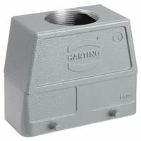 HARTING M40 Rectangular Connector Hood: Size 16 B, Top, Single-Entry, M40 Cable Entry, Aluminum (MPN 19300160428). Key specifications — IP Rating: IP65; Size Designation: 16 B; Cable Entry Thread Size: M40; Seal Material: NBR; Locking Type: Dual Lever; Brand: HARTING; Primary Material: Aluminum; Operating Temperature Range: -40 to 125 Degrees C.