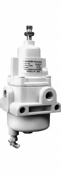 BELLOFRAM Filter Regulator: Type 50 Series, 1/4 in NPT, 20 scfm, 40 micron, 0 psi to 120 psi, Pintle (MPN 960069001). Key specifications — attr109419: BELLOFRAM; attr109429: Aluminum; attr109463: No; attr109467: Fluorocarbon; attr109468: Type 50; attr1306575: Chemical-Resistant Fluorocarbon Pintle.