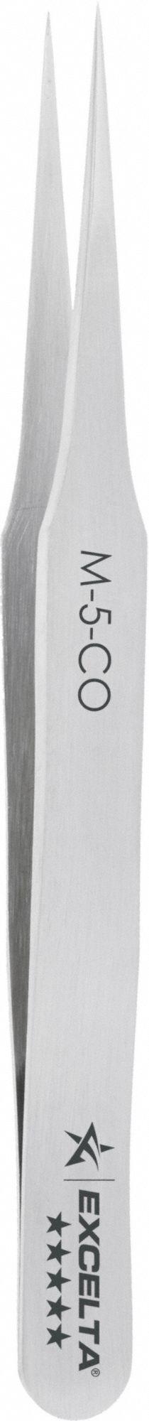 EXCELTA Tweezers: Cobalt, Point, Straight Tip, 0.0004 in Tip Thick (MPN M-5-CO). Key specifications — attr1002355: Cobalt; attr1002345: EXCELTA; attr1002348: Cobalt; attr1002358: Serrated; attr1002361: M-5; attr1024781: Standard.