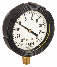 SPAN Compound Gauge with Internal Seal: 0 psi to 30 psi, LFS-210, 2 1/2 in Dial, Buna-N, Brass, IP65 (MPN LFS-210-30Hg/30PSI-G-KEMX). Key specifications — Brand: SPAN; Gauge Case Liquid: Glycerin; Seal Fill Liquid: Instrument Oil; Seal Lower Housing Material: Brass; Accuracy: ±1.00%; Gauge Wetted Parts: Brass / Copper.