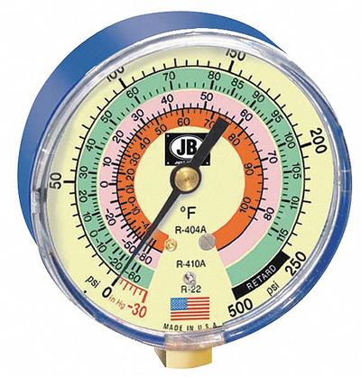 JB INDUSTRIES Low Side Gauge: Low Side Gauge, -14.7 psi to 500 psi, Non-Liquid Filled - Analog Low Side Compound Pressure Gauges