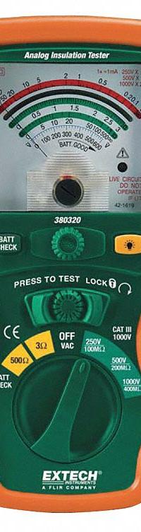 EXTECH Megohmmeter: 0 ohm to 400 megaohm, CAT III 1000V, Analog, No Output, 1mA, Insulation Resist (MPN 380320). Key specifications — IP Rating: Not Rated; Test Voltage: 1,000V DC; Brand: EXTECH.