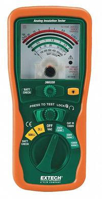 EXTECH Megohmmeter: 0 ohm to 400 megaohm, CAT III 1000V, Analog, No Output, 1mA, Insulation Resist (MPN 380320). Key specifications — IP Rating: Not Rated; Test Voltage: 1,000V DC; Brand: EXTECH.