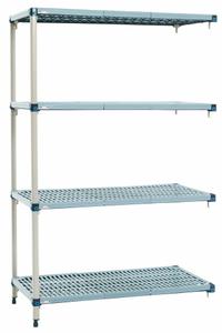 METRO Shelf Plastic Industrial Shelving (4): 18 in x 72 in, 62 in Overall Ht, 4 Shelves (MPN AQ376G3). Key specifications — Resistance Properties: Antimicrobial; Shelf Adjustment Type: Quick-Adjust; Frame Material: Steel; Shelving Material: Steel; Brand: METRO.