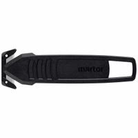 MARTOR Disposable Concealed Blade Safety Knife: 4 5/8 in Overall Lg, Straight Handle, Plain, 100 PK (MPN 145001.16). Key specifications — attr307620: Black; attr307617: Straight; attr307618: Plain; attr307619: Carbon Steel; attr307627: Includes Tape Splitter; attr307634: Concealed; attr324885: MARTOR.