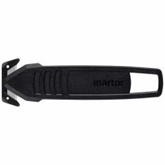 MARTOR Disposable Concealed Blade Safety Knife: 4 5/8 in Overall Lg, Straight Handle, Plain, 100 PK (MPN 145001.16). Key specifications — attr307620: Black; attr307617: Straight; attr307618: Plain; attr307619: Carbon Steel; attr307627: Includes Tape Splitter; attr307634: Concealed; attr324885: MARTOR.
