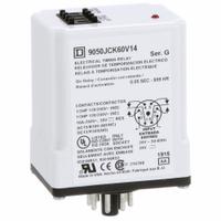 SCHNEIDER Single Function Time Delay Relay: Socket Mounted, 24V AC, 10 A, 8 Pins/Terminals, On Delay (MPN 9050JCK60V14). Key specifications — Contact Rating (AC): 10 A @ 120/240V; Brand: SCHNEIDER.