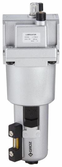 GROZ Compressed Air Lubricator: Micro Mist, 1 in NPT, 318 cfm, 290 psi Max Op Pressure, Knob (MPN L1795-M). Key specifications — attr111774: Aluminum; attr111402: Heavy Duty; attr111761: GROZ.