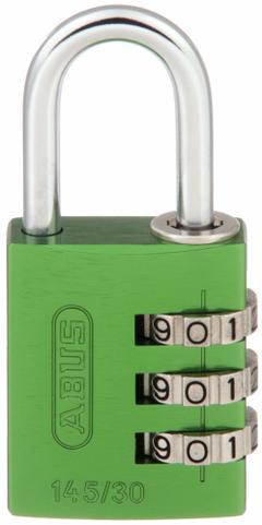 ABUS Combination Padlock: Scrolling Combo, Green, Aluminum, Std Shackle, Steel Shackle (MPN 145/30 Green). Key specifications — Dial Color: Silver; Brand: ABUS.