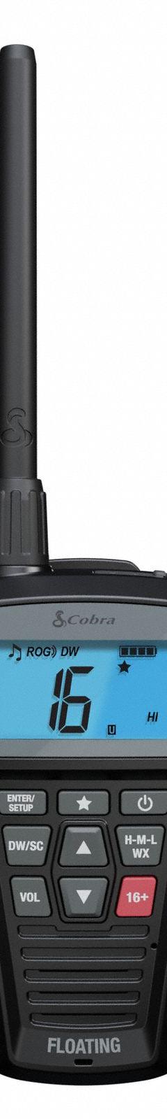 COBRA Marine Radio: VHF, Analog, 3 W, 12 Channels, IPX7, Black, BlueBound 150, 11 hr, Li-Ion, FCC (MPN 0190009-1). Key specifications — Radio Application: Marine; Product Type: Handheld Two Way Radio; Features: Reliable Battery Life - Upto 11 hr of Battery Life with USB-C Charging Capability with Included Rechargeable AAA Batteries; Bluetooth: No; IP Rating: IPX7; Manufacturer Part Number: 0190009-1; Brand: COBRA; Standards: FCC.