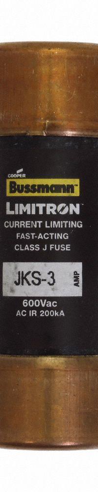 BUSSMANN Fuse: JKS Series, Class J, Cylindrical Body, Fast-Acting, 3 A, 600 V AC, Non-Indicating (MPN JKS-3). Key specifications — attr1287274: JKS; attr211200: BUSSMANN.