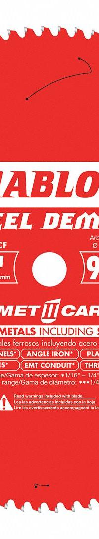DIABLO Circular Saw Blade: 14 in Blade Dia., 90 Teeth, 0.08 in Cut Wd, 1 in Arbor Size, Thin Metal (MPN D1490CF). Key specifications — attr1116119: DIABLO; attr1145631: Steel.