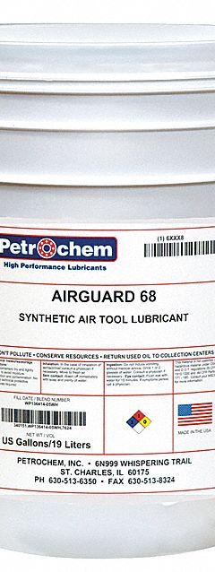 PETROCHEM Air Tool Oil: Synthetic, -55°F Min. Op Temp., 450°F Max. Op Temp., NSF H2, Pail (MPN AIRGUARD 68-005). Key specifications — attr1321222: Synthetic; attr1321226: 20W; attr1321227: 129; attr1321244: PETROCHEM; attr1321245: Pail.