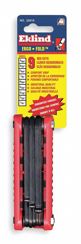 EKLIND Hex Key Set: 1 - 5 Pieces, Fold-Up Ball-Hex, Folding, SAE, Short, 1 Pieces - Folding Key Sets