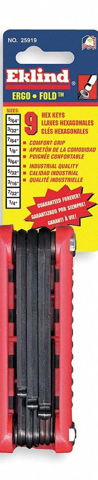 EKLIND Hex Key Set: 1 - 5 Pieces, Fold-Up Ball-Hex, Folding, SAE, Short, 1 Pieces, Folding Holder (MPN 25919). Key specifications — attr1205553: Not Tether Capable; attr1205554: EKLIND; attr1205568: Black Oxide; attr1293176: 1 - 5 Pieces.