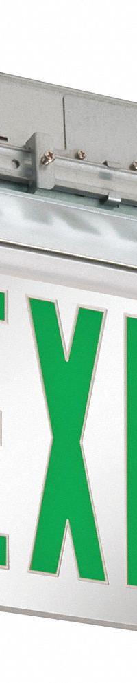 Exit Sign: 2 Faces, Green, Aluminum, Universal Field Selectable Chevrons, LED, Silver (MPN EDGR 2 GMR EL). Key specifications — Housing Color: Silver; Brand: LITHONIA LIGHTING; Lighting Technology: LED; Self Diagnostics: No; Housing Material: Aluminum; Text Color: Green.