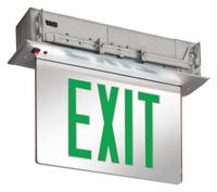 Exit Sign: 2 Faces, Green, Aluminum, Universal Field Selectable Chevrons, LED, Silver (MPN EDGR 2 GMR EL). Key specifications — Housing Color: Silver; Brand: LITHONIA LIGHTING; Lighting Technology: LED; Self Diagnostics: No; Housing Material: Aluminum; Text Color: Green.