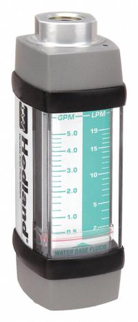 HEDLAND Mechanical Flowmeter: Water-Based Fluid Meter, Scale, Variable Area, Inline, Universal, NPTF (MPN H613A-005). Key specifications — Display Type: Scale; O-Ring Material: Viton; Includes Flow Rate Adjustment Knob: No; Includes Pressure Guage: No; Mounting Orientation: Universal; Unit Of Measure: Liters; Brand: HEDLAND; Accuracy: +/-2%.