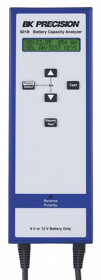 B&K PRECISION Battery Capacity Analyzer: 5.5 V to 20 V, Lead Acid, No Certification Included, LED (MPN 601B). Key specifications — Testing Functions: Resistance; Includes Tester Batteries: No Batteries Included; Batteries Tested: Lead Acid; Brand: B&K PRECISION.
