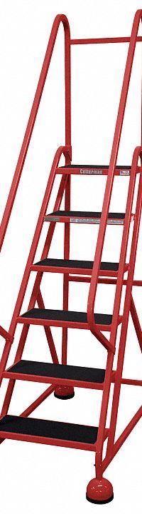 COTTERMAN Rolling Ladder: 4.5 ft Platform Ht, Partially Assembled, Steel, Wt-Actuated Auto-Lock (MPN ST-621 A2 C6 P5). Key specifications — Includes Handrails: Handrails Included; Material: Steel; Brand: COTTERMAN; Color: Red.
