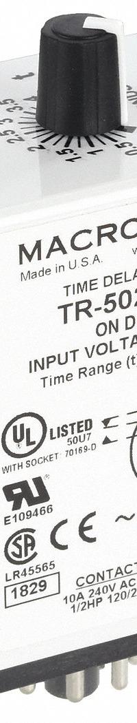MACROMATIC Single Function Time Delay Relay: Socket Mounted, 240V AC, 10 A, 8 Pins/Terminals (MPN TR-50221-04). Key specifications — Brand: MACROMATIC.
