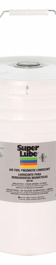 SUPER LUBE Air Tool Oil: Synthetic, -40°F Min. Op Temp., 650°F Max. Op Temp., NSF H1, Food Grade (MPN 12050). Key specifications — attr1321222: Synthetic; attr1321226: 80W; attr1321227: 161; attr1321244: SUPER LUBE; attr1321245: Pail.