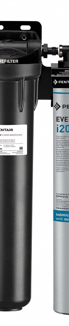 PENTAIR/EVERPURE Water Filtration System: 0.5 micron, 1.7 gpm, 28 in Overall Ht (MPN EV932421-75). Key specifications — Product Type: Ice Machine System; Filter Media: Carbon; Brand: PENTAIR/EVERPURE; Reduces: Cyst.