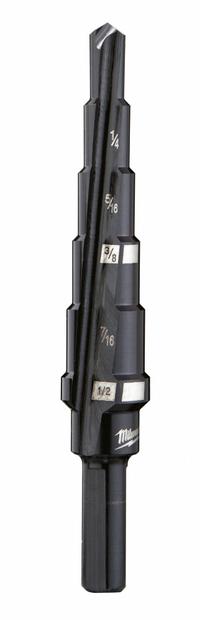 MILWAUKEE Step Drill Bit: 3/16" to 1/2", Black Oxide HSS, 3-Flats Shank (MPN 48-89-9202). Key specifications — attr1234936: Not Impact Rated.