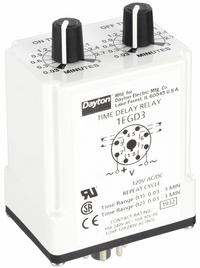 DAYTON Single Function Time Delay Relay: Socket Mounted, 120V AC/DC, 10 A, 8 Pins/Terminals (MPN 1EGD3). Key specifications — Brand: DAYTON.
