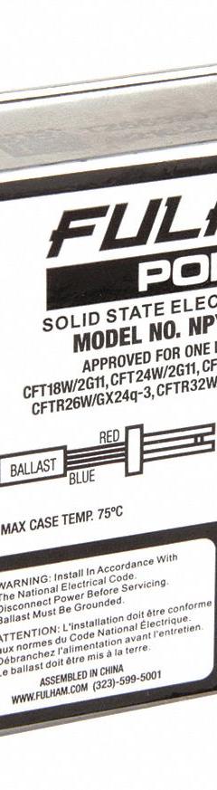 FULHAM CFL Ballast: 120/230V AC, 1 Lamps Supported, 26 W Bulb Watt, 3 3/8 in Overall Lg (MPN NPY-120-126-CFL). Key specifications — Lamp Types Supported: (1) CFTR26; Brand: FULHAM; Number of Lamps Supported: 1.