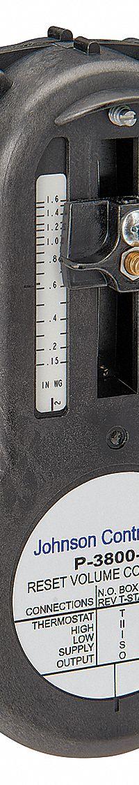 Reset Volume Controller: 3800 Series, Direct/Reverse Acting, Normally Open or Normally Closed (MPN P-3800-2). Key specifications — Minimum Setpoint Range: 0 to 0.9 in wg; Maximum Setpoint Range: 0.15 to 3.2 in wg; Thermostat Required for Cooling: Direct/Reverse Acting; Thermostat Required for Heating: Direct/Reverse Acting; Brand: JOHNSON CONTROLS; Reset Start Point Range: 3 to 10 psi.