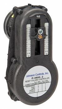 Reset Volume Controller: 3800 Series, Direct/Reverse Acting, Normally Open or Normally Closed (MPN P-3800-2). Key specifications — Minimum Setpoint Range: 0 to 0.9 in wg; Maximum Setpoint Range: 0.15 to 3.2 in wg; Thermostat Required for Cooling: Direct/Reverse Acting; Thermostat Required for Heating: Direct/Reverse Acting; Brand: JOHNSON CONTROLS; Reset Start Point Range: 3 to 10 psi.