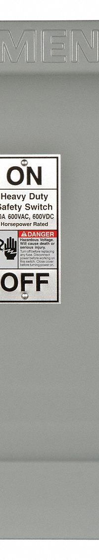 SIEMENS Safety Switch: Fusible, 60 A, Three Phase, 600V AC, Galvanized Steel, Indoor (MPN HF362). Key specifications — Brand: SIEMENS.