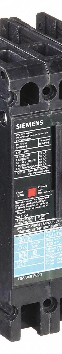 SIEMENS Molded Case Circuit Breaker: 100 A Amps, 18kA at 480V AC, Fixed, Load Side Lug, ABC, ED4 (MPN ED43B100). Key specifications — Phase Connection: ABC; Instantaneous Trip: Fixed; Terminal Connection: Load Side Lug; Series: ED4; Max. AIR Rating: 18kA at 480V AC.