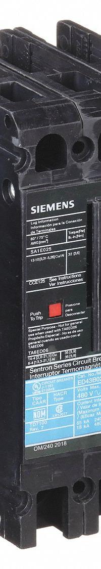 SIEMENS Molded Case Circuit Breaker: 20 A Amps, 18kA at 480V AC, Fixed, Load Side Lug, ABC, ED4 (MPN ED43B020). Key specifications — Phase Connection: ABC; Instantaneous Trip: Fixed; Terminal Connection: Load Side Lug; Series: ED4; Max. AIR Rating: 18kA at 480V AC.