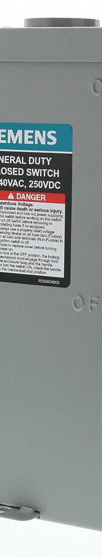SIEMENS Safety Switch: Fusible, 60 A, Three Phase, 240V AC, Galvanized Steel, Indoor/Outdoor (MPN GF322NRA). Key specifications — Brand: SIEMENS.