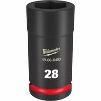 MILWAUKEE Deep Impact Socket: 3/4 in Drive Size, Metric, 28 mm Socket Size, 6-Point, Deep, Friction (MPN 49-66-6403). Key specifications — attr1215501: MILWAUKEE; attr1215515: Black Phosphate; attr1215518: 28 mm.