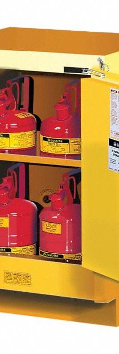JUSTRITE Flammable Cabinet: 21 5/8 in Overall Dp, 24 in Overall Wd, 35 3/4 in Overall Ht, Steel (MPN 882420). Key specifications — Color: Yellow; Material: Steel; Brand: JUSTRITE; Compatible with Product Type: Benches; Door Type: Self-Closing; Mobility: Stationary; Product Type: Flammable Cabinet.