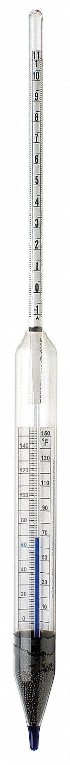 API Hydrometer: API Plain Form, 39/51°, 0.1°, Ballast/Glass, +/-0.1°, 15 in Overall Ht (MPN B61823-0400). Key specifications — Features: 0 to 150ºF Thermometer; Range: 39/51°; Scale Divisions: 0.1°; Scale Type: API Plain Form.