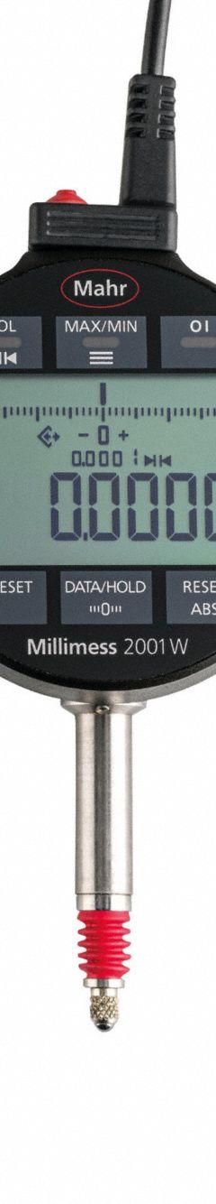 MILLIMAR Digital comparator 2001 W: 0.0000390625 in to 0.04 in /0.001 mm to 1 mm, Inch/Metric, IP64. Key specifications — attr1184065: MILLIMAR; attr1184072: + - 0.0007mm over 1mm range; attr1184077: Cable; attr1184084: 58.4 mm.