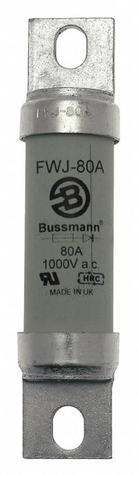 Semiconductor Fuse: FWJ Series, Fast-Acting, 80 A, 1,000 V AC, 800 V DC DC Volt Rating (MPN FWJ-80A). Key specifications — Series: FWJ; Brand: BUSSMANN; Voltage Type: AC/DC.