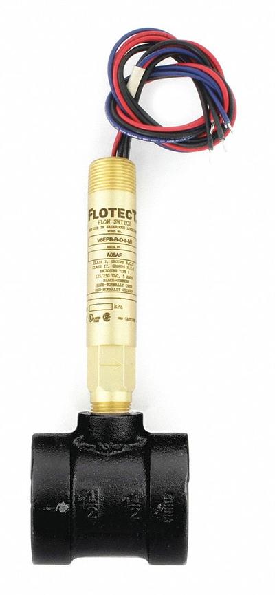 Dwyer Liquid Flow Switch: Paddle, 1/2 in/1/4 in/2 in/3/8 in For Pipe Size, Brass - Inline Hazardous-Location Switches for Liquids