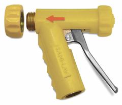SANI-LAV Spray Nozzle: 3/4 in Connection Size, GHT, Brass/Stainless Steel, 5 1/4 in Overall Lg (MPN N1TY). Key specifications — Nozzle Color: Yellow; Material: Stainless Steel; Nozzle Shutoff Type: Handle Controls; Brand: SANI-LAV.